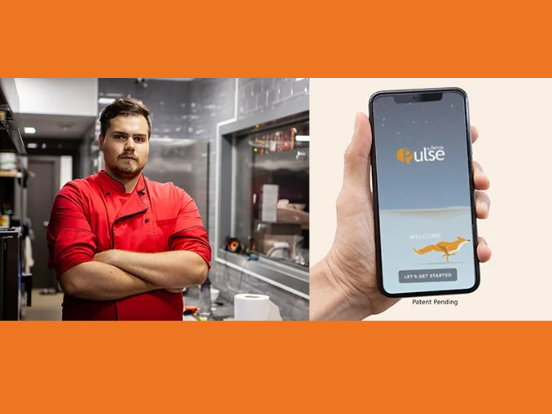 photo of a restaurant chef side by side of photo with person holding iphone with the fierce pulse app on the screen