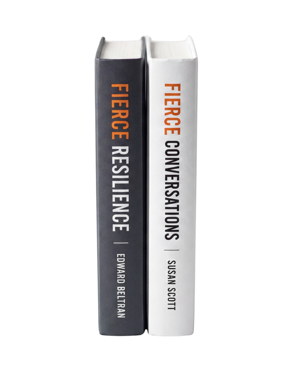 Fierce Resilience by Edward Beltran and Fierce Conversations by Susan Scott, standing side by side