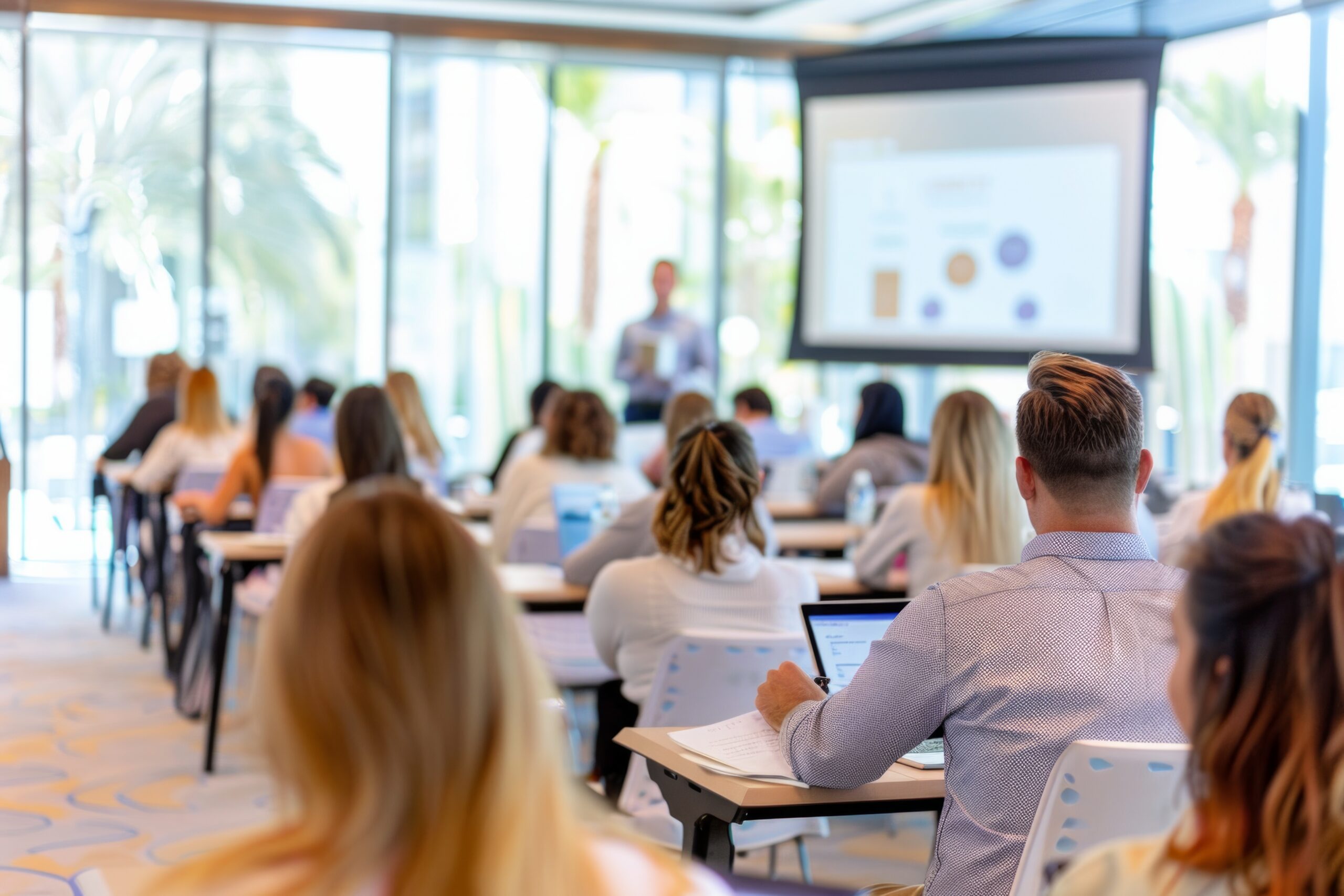 A modern corporate training session with young adults in a bright, glass-walled conference room in person